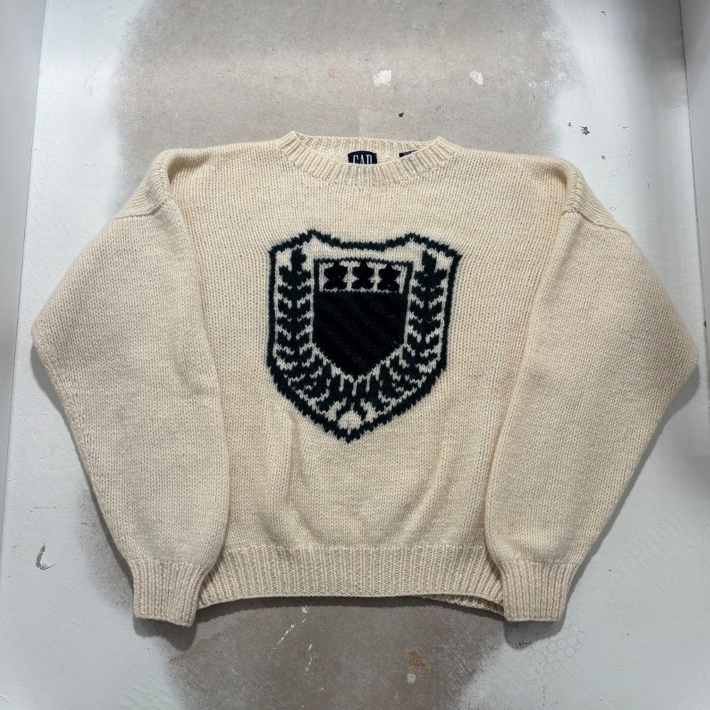 Vintage Gap Hand Knit Shetland Wool Crest Sweater Mens Medium Cream Black Shield